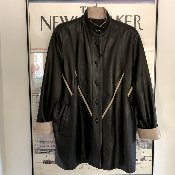 Black soft leather jacket with cream cuffs design details, mandarin collar Large - Picture 11 of 11